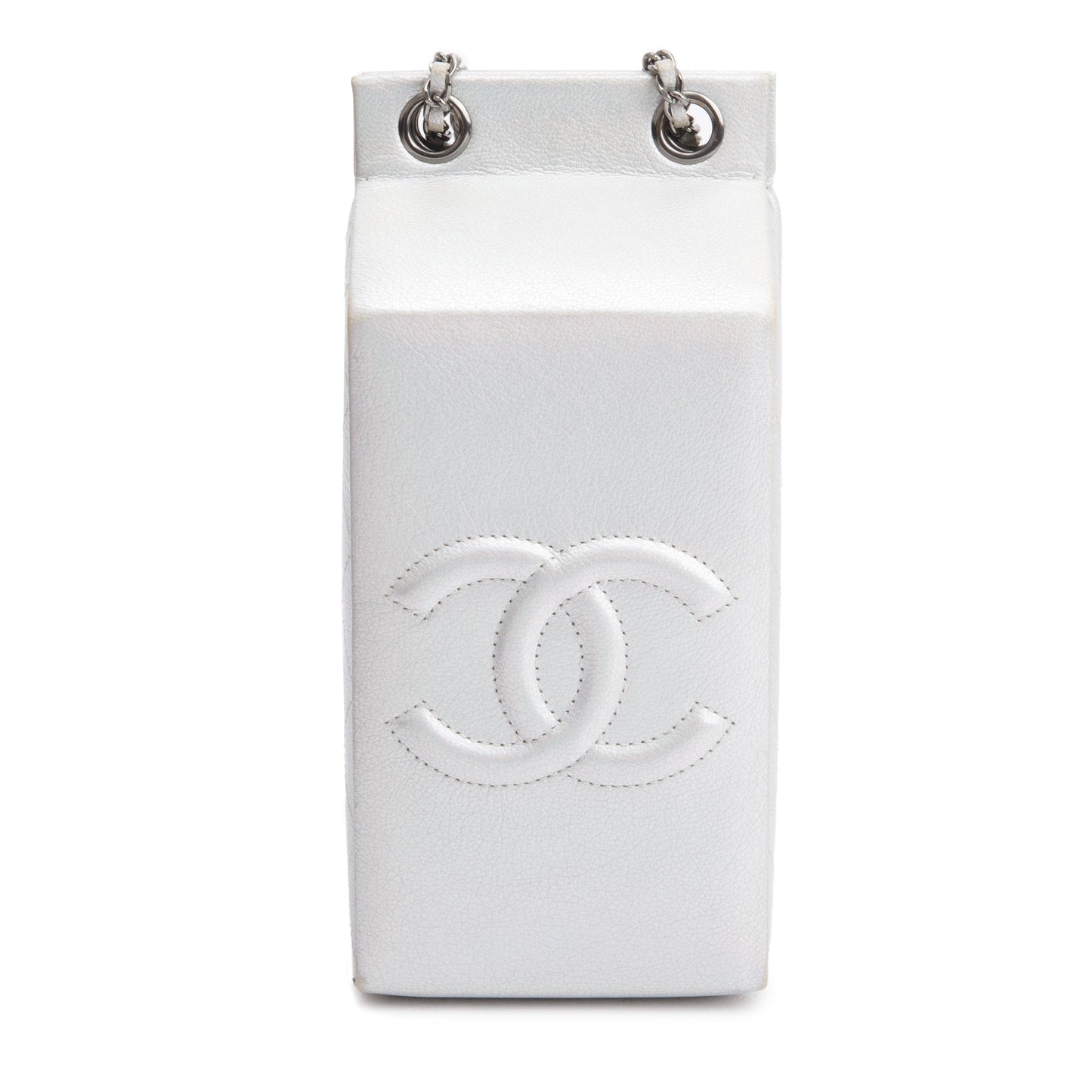 Chanel Iridescent Silver Goatskin Leather Faux Pearl & Strass Lait de Coco Milk Carton Bag