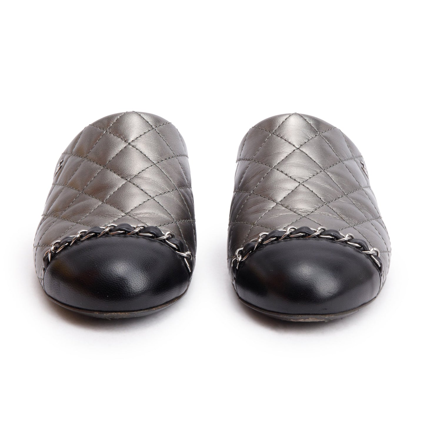 Chanel Iridescent Silver Quilted Calfskin Leather Interlocking CC Logo Mules, Size 36