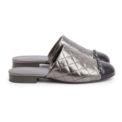 Chanel Iridescent Silver Quilted Calfskin Leather Interlocking CC Logo Mules, Size 36