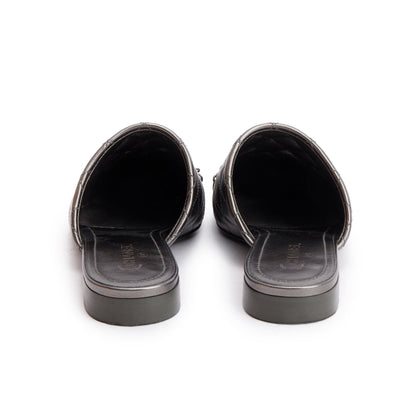 Chanel Iridescent Silver Quilted Calfskin Leather Interlocking CC Logo Mules, Size 36