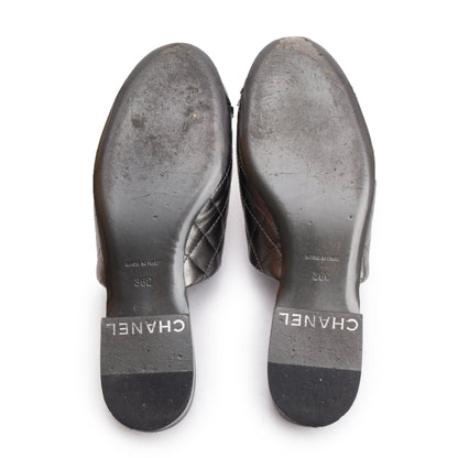 Chanel Iridescent Silver Quilted Calfskin Leather Interlocking CC Logo Mules, Size 36