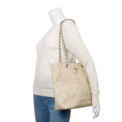 Chanel Ivory Quilted Calfskin Leather In the Business North South Tote