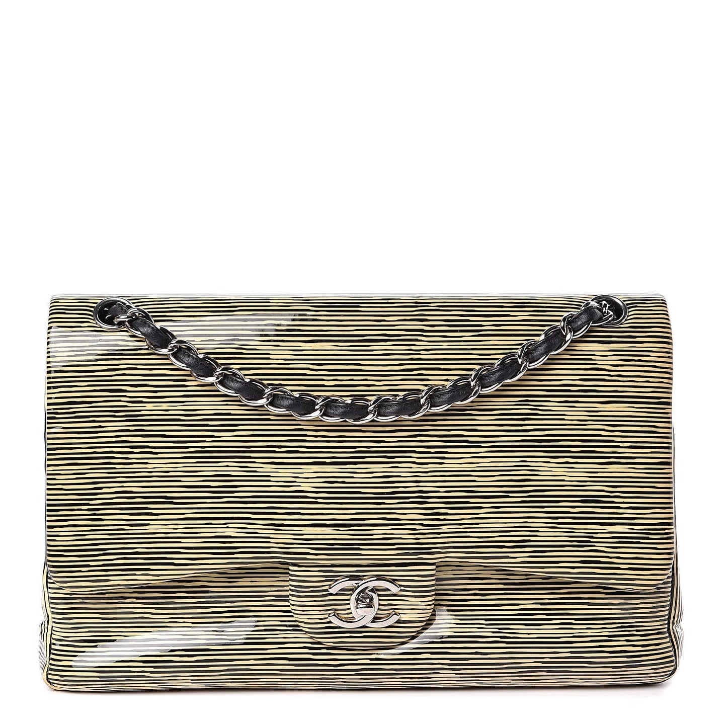CHANEL Patent Calfskin Striped Jumbo Double Flap
