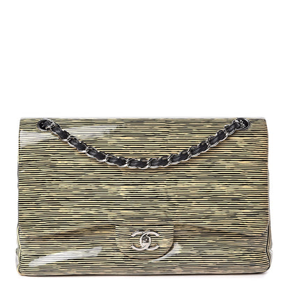 CHANEL Patent Calfskin Striped Jumbo Double Flap