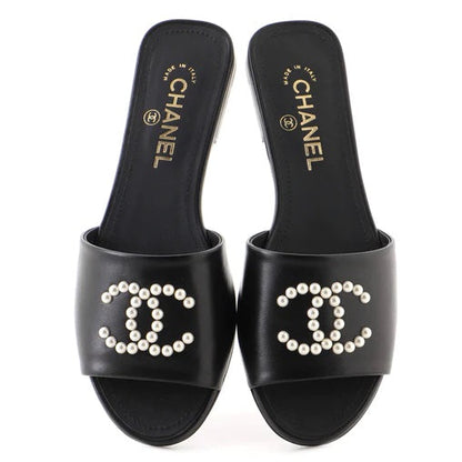 CHANEL CC FAUX PEARL LAMBSKIN SLIDE SANDALS