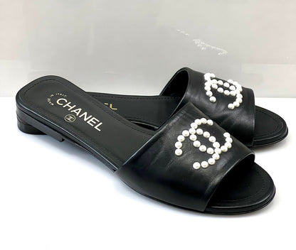 CHANEL CC FAUX PEARL LAMBSKIN SLIDE SANDALS