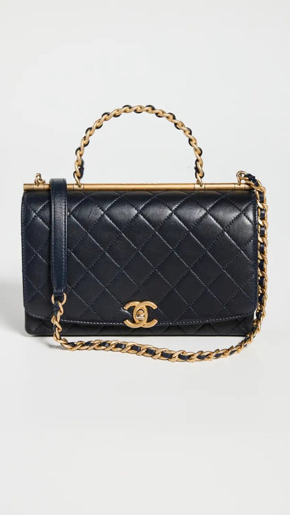 CHANEL TWO-TONE CHAIN QUILTED LAMBSKIN TOP HANDLE FLAP BAG