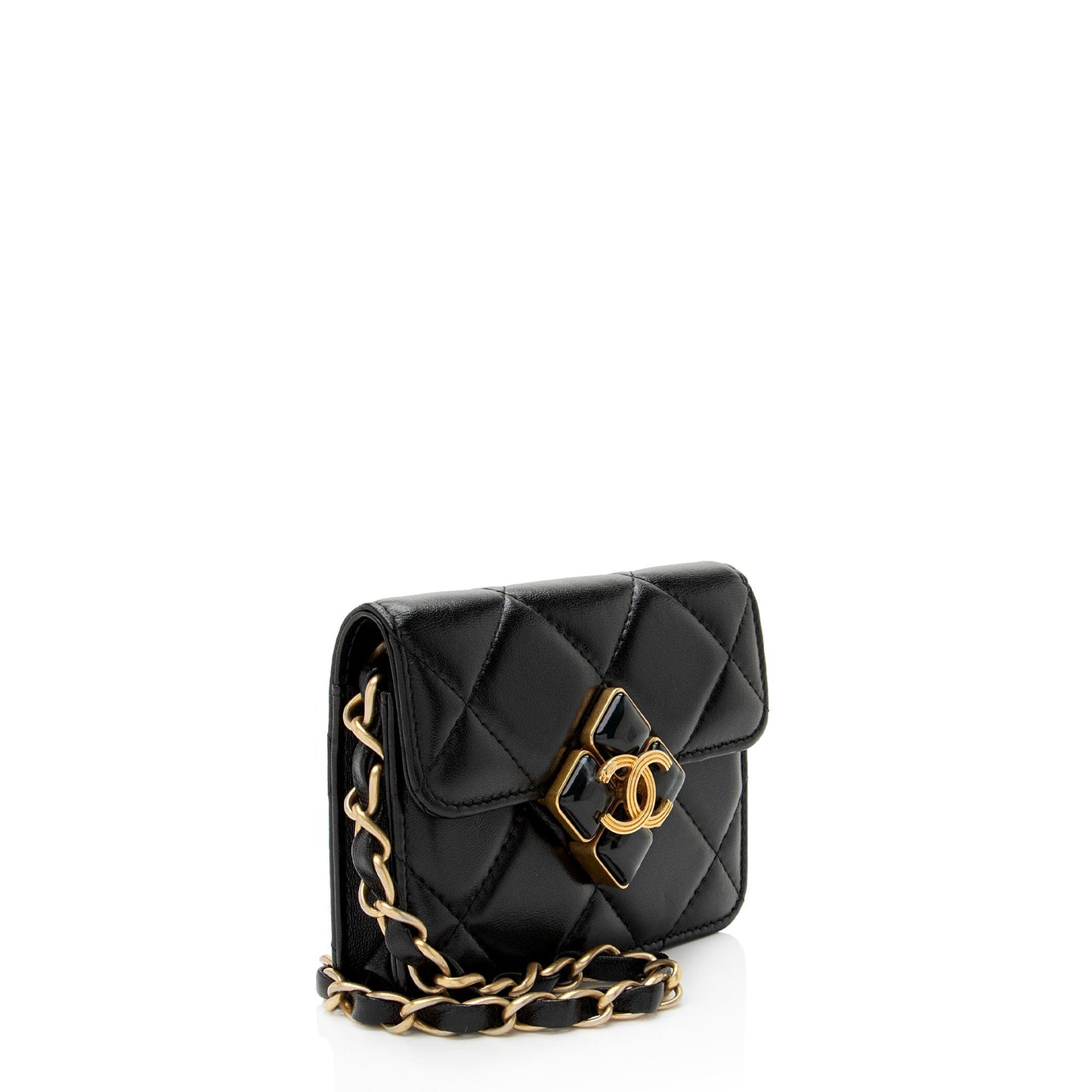 Chanel Lambskin Diamond Lock Card Holder on Chain