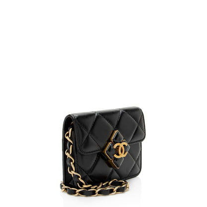 Chanel Lambskin Diamond Lock Card Holder on Chain