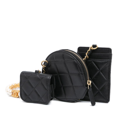 Chanel Lambskin Pearl Crown CC Wristlet Multi Pouches