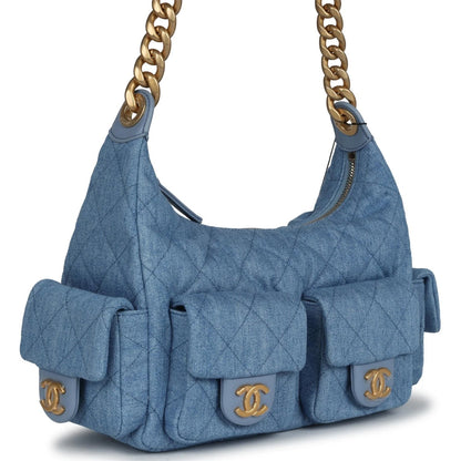 CHANEL LARGE CARGO QUILTED WASHED DENIM HOBO BAG