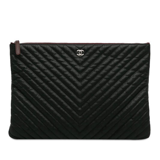 Chanel Large Caviar Chevron Flat Cosmetic Case (SHG-F6hVIo)