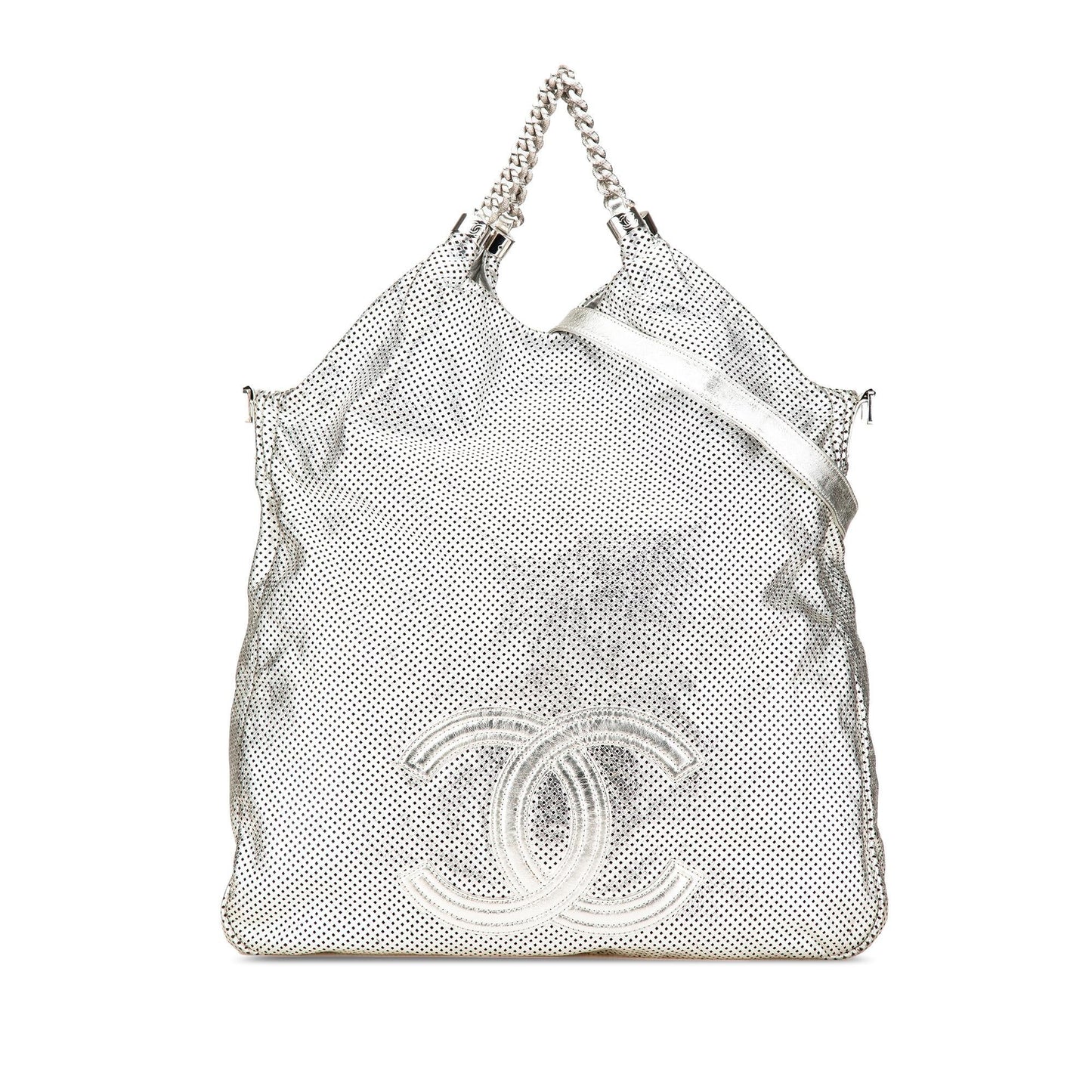 Chanel Large Metallic Glazed Calfskin Perforated Rodeo Drive Satchel