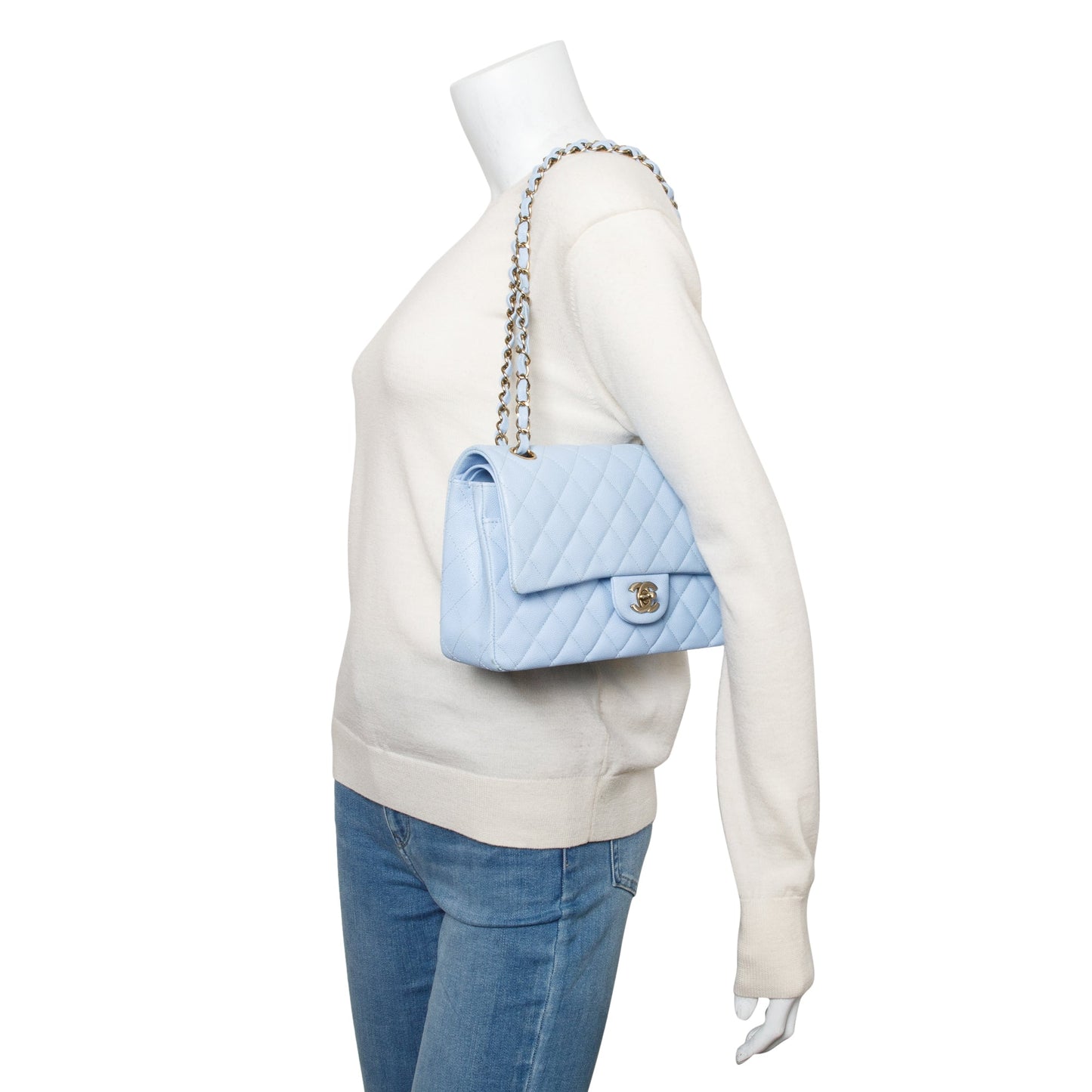 Chanel Light Blue Quilted Caviar Leather Classic Medium Double Flap Bag