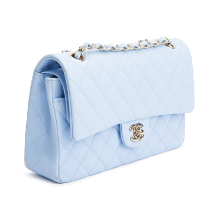 Chanel Light Blue Quilted Caviar Leather Classic Medium Double Flap Bag