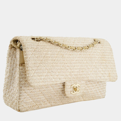 CHANEL CLASSIC DOUBLE FLAP TWEED IVORY GOLD CHAMPAGNE GOLD HARDWARE-HS