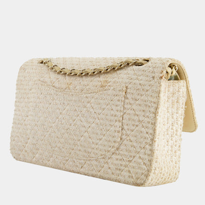 CHANEL CLASSIC DOUBLE FLAP TWEED IVORY GOLD CHAMPAGNE GOLD HARDWARE-HS
