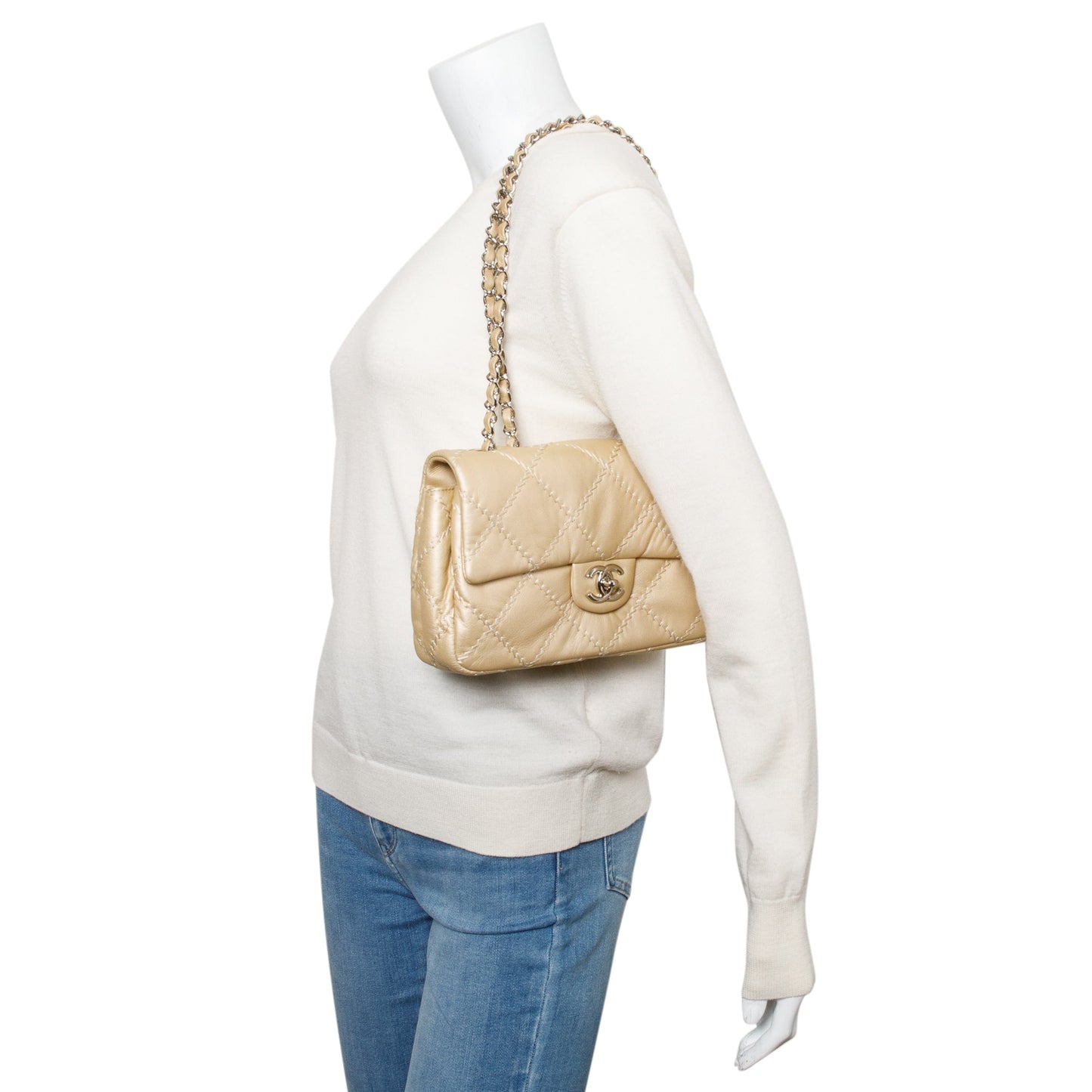 Chanel Metallic Beige Ultimate Stitch Calfskin Leather Flap Bag