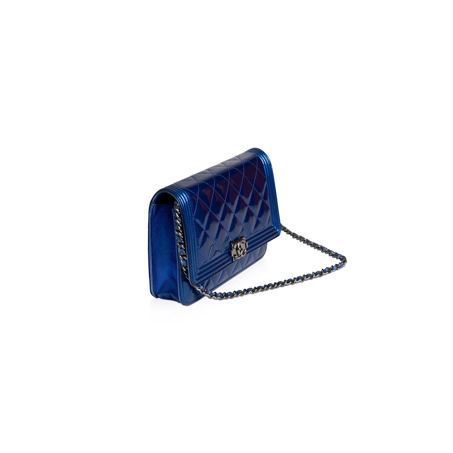 Chanel Metallic Blue Patent Leather Boy Wallet on Chain