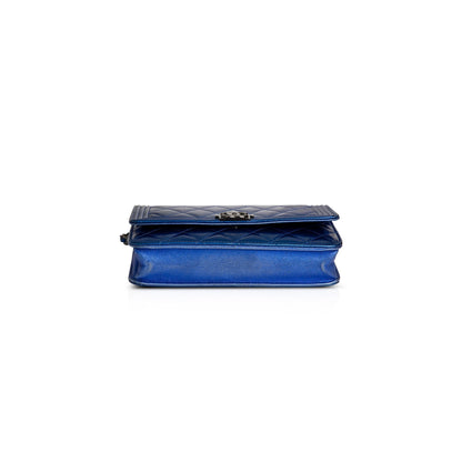 Chanel Metallic Blue Patent Leather Boy Wallet on Chain