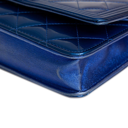 Chanel Metallic Blue Patent Leather Boy Wallet on Chain
