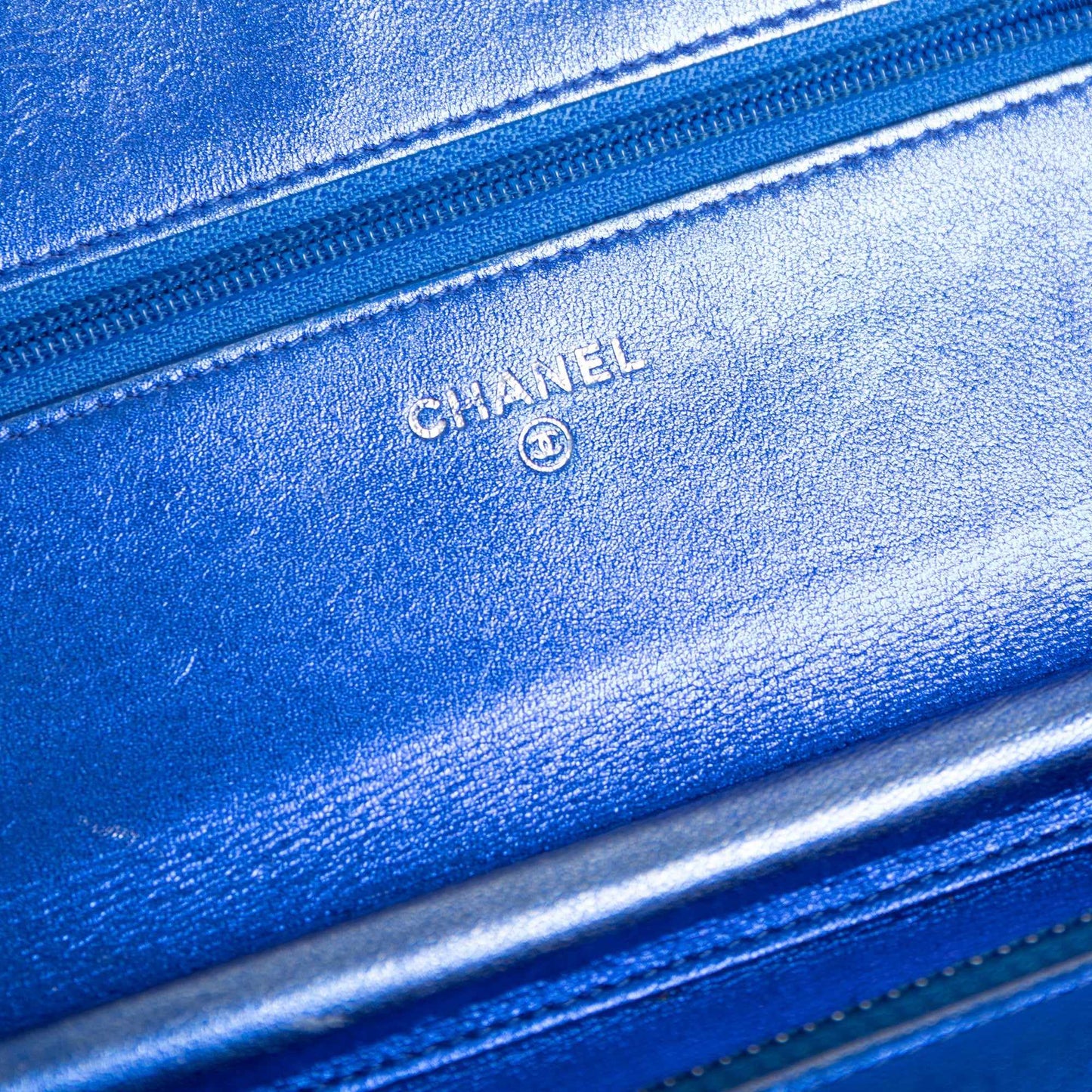 Chanel Metallic Blue Patent Leather Boy Wallet on Chain