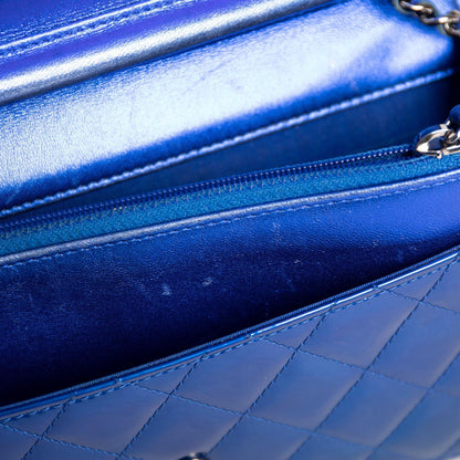 Chanel Metallic Blue Patent Leather Boy Wallet on Chain