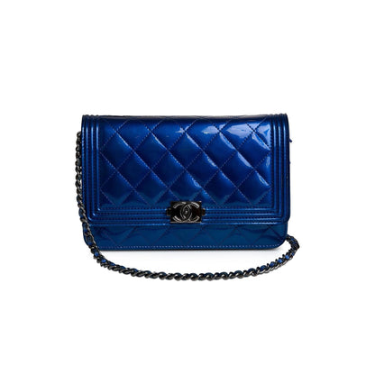 Chanel Metallic Blue Patent Leather Boy Wallet on Chain