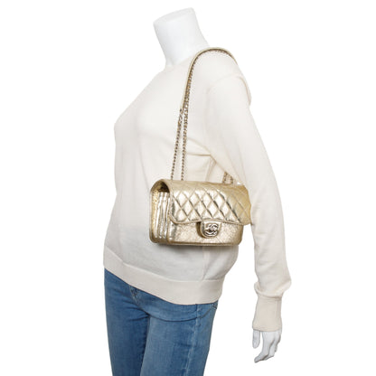 Chanel Metallic Gold Calfskin Leather Small Clams Pocket Flap Bag