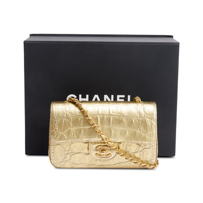 Chanel Metallic Gold Crocodile Embossed Calfskin Leather Classic Mini Rectangular Flap Bag