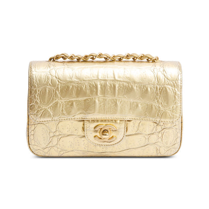 Chanel Metallic Gold Crocodile Embossed Calfskin Leather Classic Mini Rectangular Flap Bag