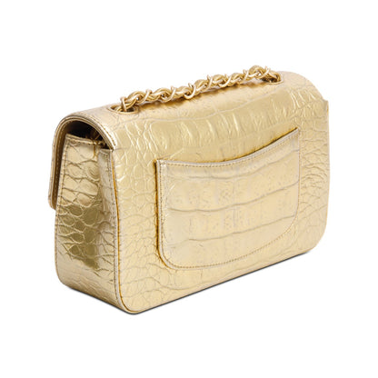 Chanel Metallic Gold Crocodile Embossed Calfskin Leather Classic Mini Rectangular Flap Bag