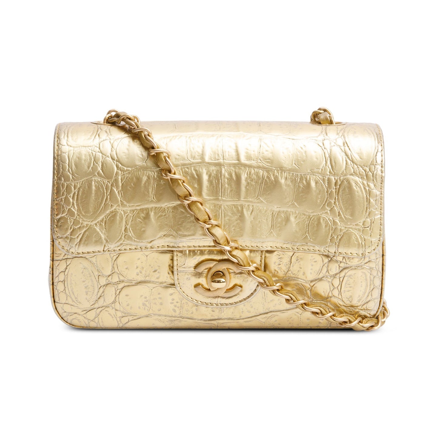 Chanel Metallic Gold Crocodile Embossed Calfskin Leather Classic Mini Rectangular Flap Bag