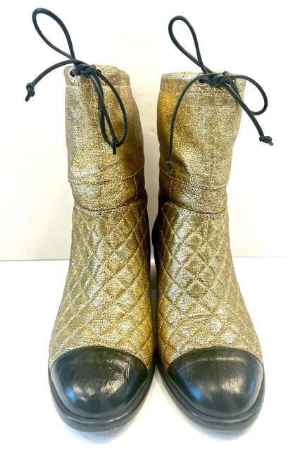 CHANEL CC QUILTED METALLIC GOLD LEATHER ANKLE BOOTS