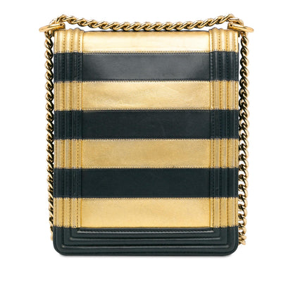 Chanel Metallic Lambskin Striped North South Boy Flap (SHG-gdf9Ua)