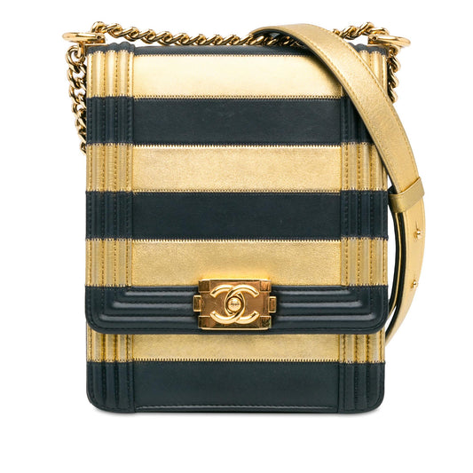 Chanel Metallic Lambskin Striped North South Boy Flap (SHG-gdf9Ua)