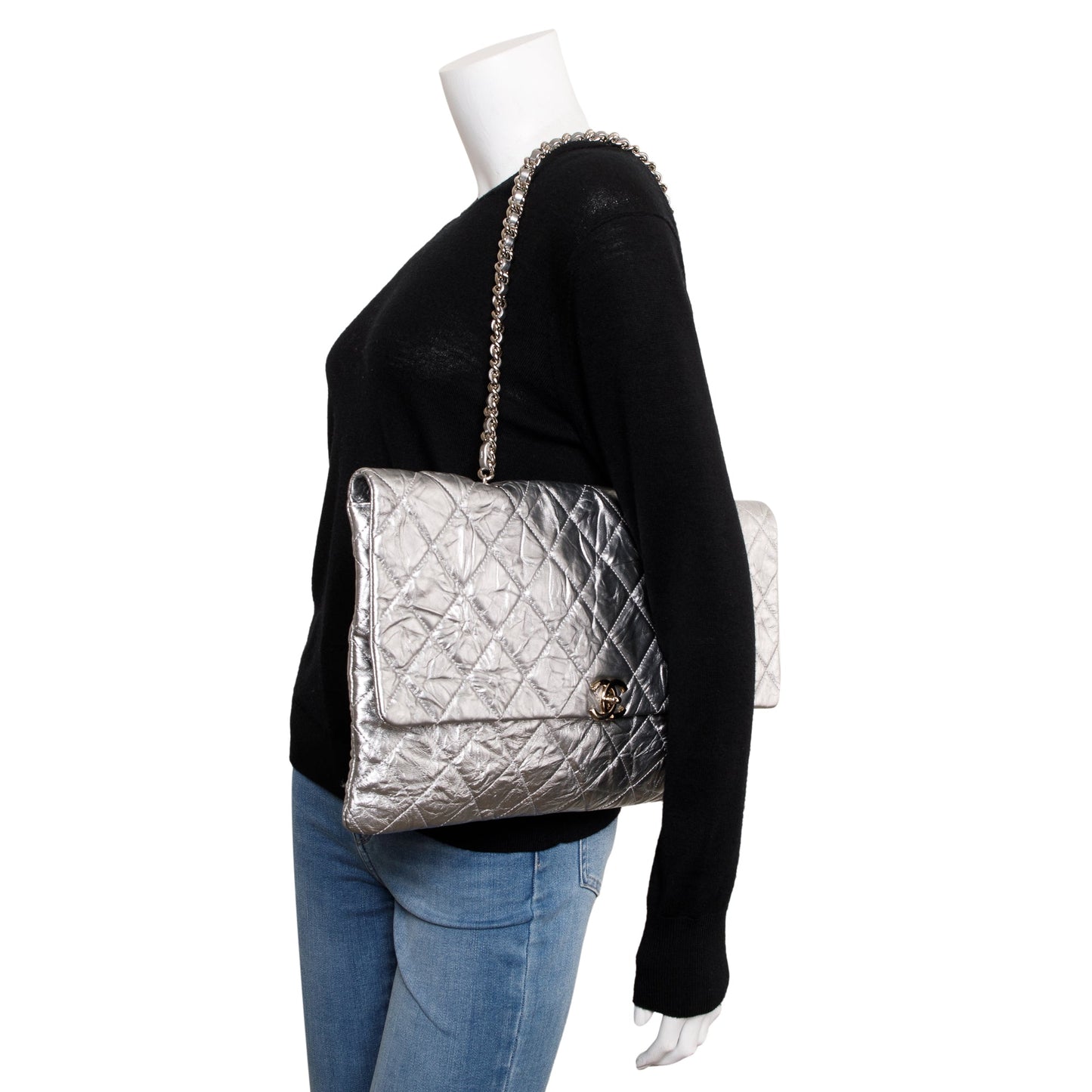 Chanel Metallic Silver Crumpled Calfskin Leather Big Bang Large Flap Bag