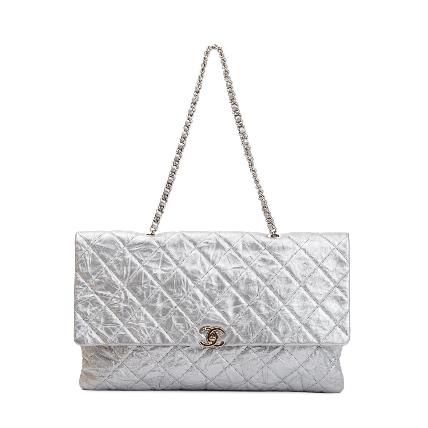 Chanel Metallic Silver Crumpled Calfskin Leather Big Bang Large Flap Bag