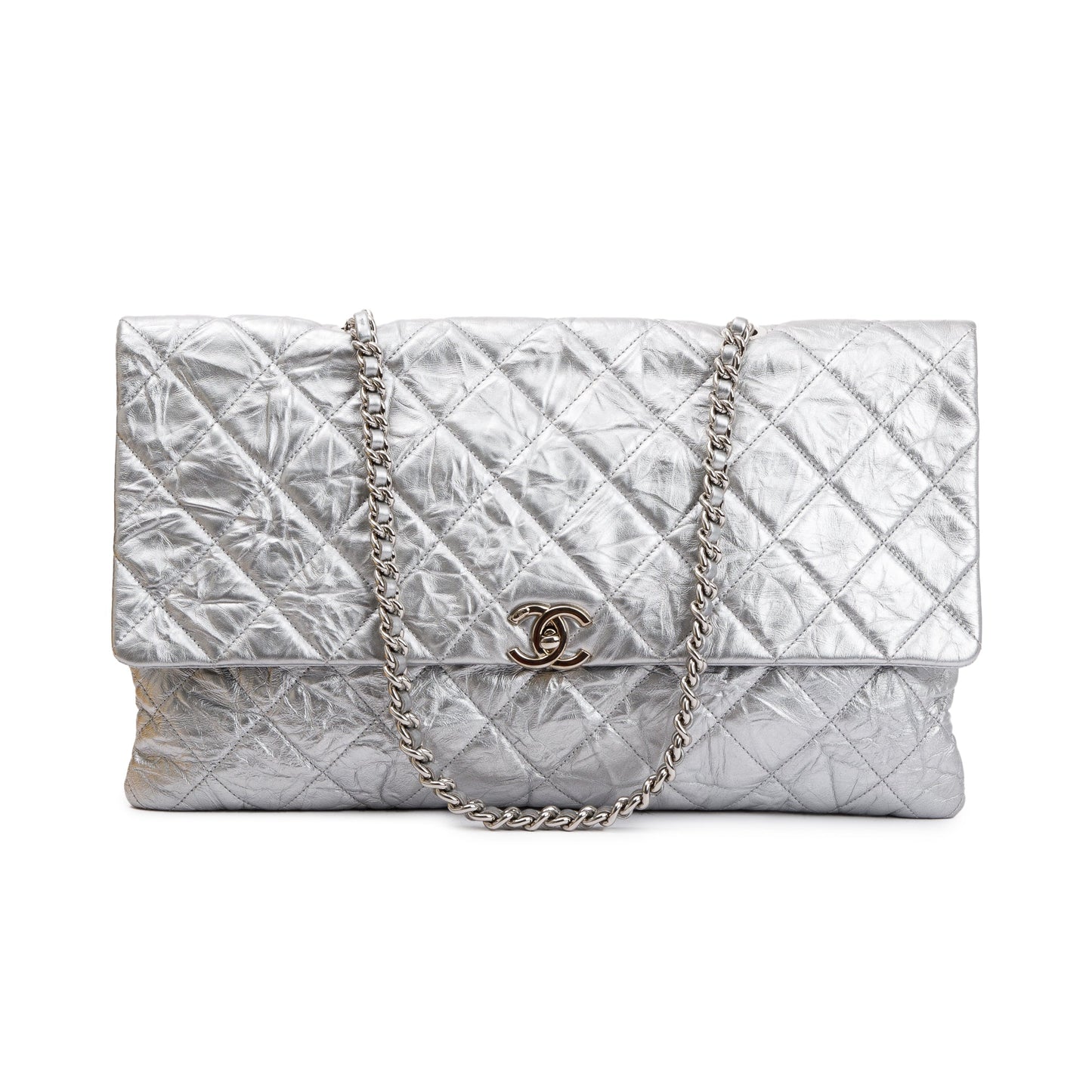 Chanel Metallic Silver Crumpled Calfskin Leather Big Bang Large Flap Bag