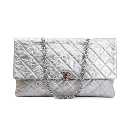 Chanel Metallic Silver Crumpled Calfskin Leather Big Bang Large Flap Bag