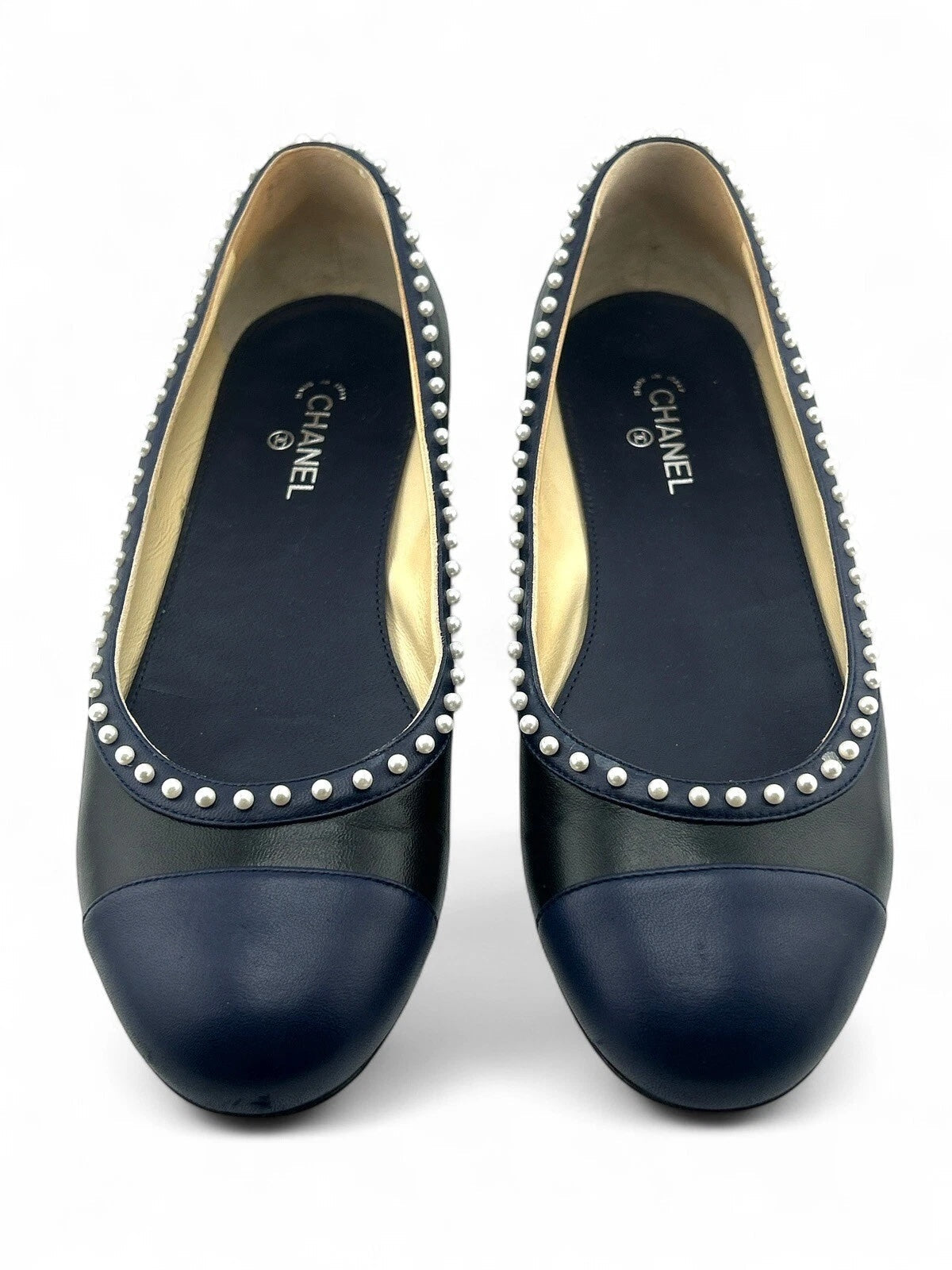 CHANEL LAMBSKIN SATIN PEARL CC CAP TOE BALLET FLATS