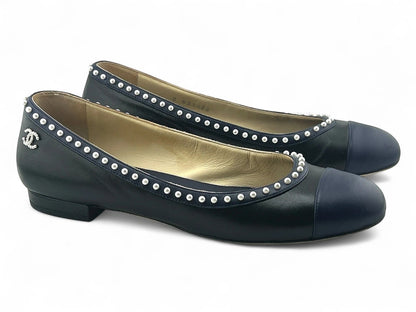 CHANEL LAMBSKIN SATIN PEARL CC CAP TOE BALLET FLATS