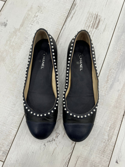 CHANEL LAMBSKIN SATIN PEARL CC CAP TOE BALLET FLATS