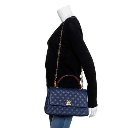 Chanel Navy Caviar Leather Lizard-Trimmed Small Coco Handle Bag