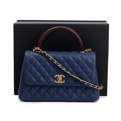 Chanel Navy Caviar Leather Lizard-Trimmed Small Coco Handle Bag