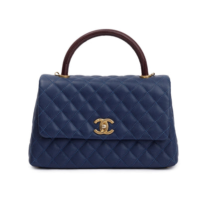 Chanel Navy Caviar Leather Lizard-Trimmed Small Coco Handle Bag