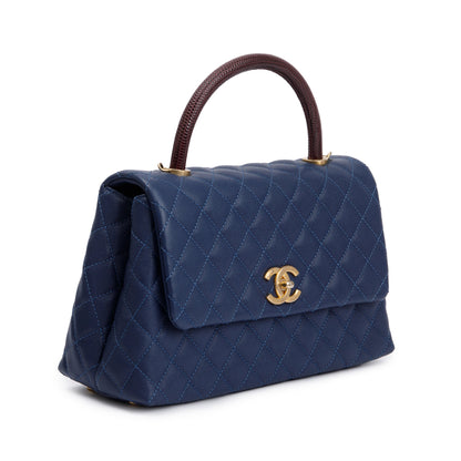 Chanel Navy Caviar Leather Lizard-Trimmed Small Coco Handle Bag