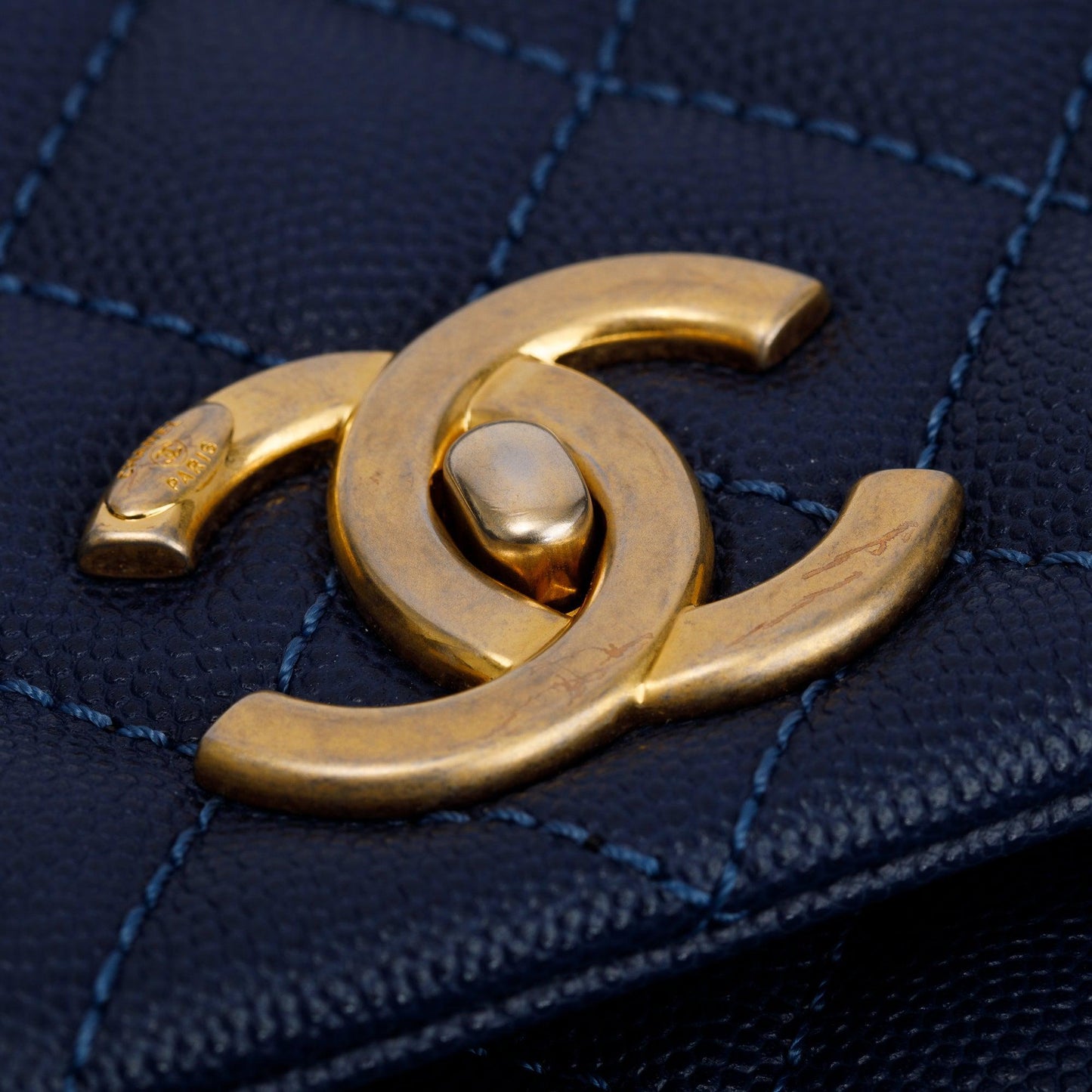 Chanel Navy Caviar Leather Lizard-Trimmed Small Coco Handle Bag