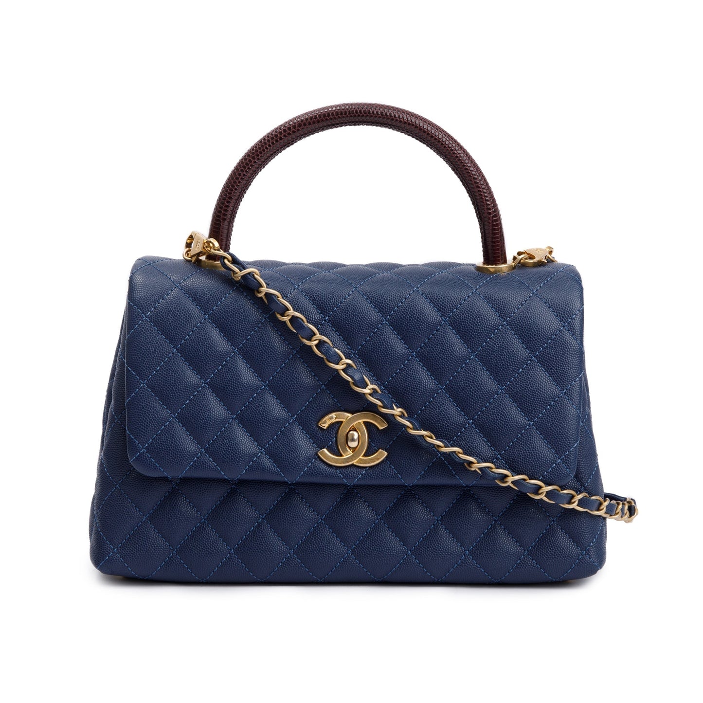 Chanel Navy Caviar Leather Lizard-Trimmed Small Coco Handle Bag