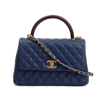 Chanel Navy Caviar Leather Lizard-Trimmed Small Coco Handle Bag